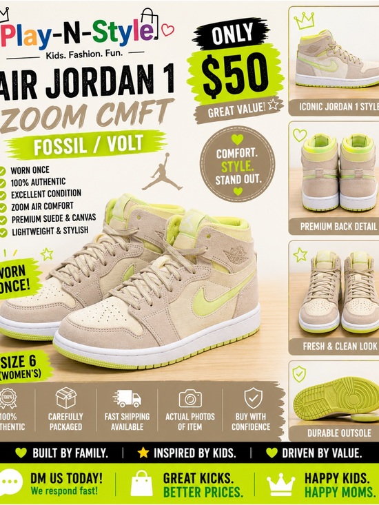 Jordan Shoes - Jordan Air Jordan 1 Zoom CMFT Kids Sneakers - Fossil Beige with Volt
